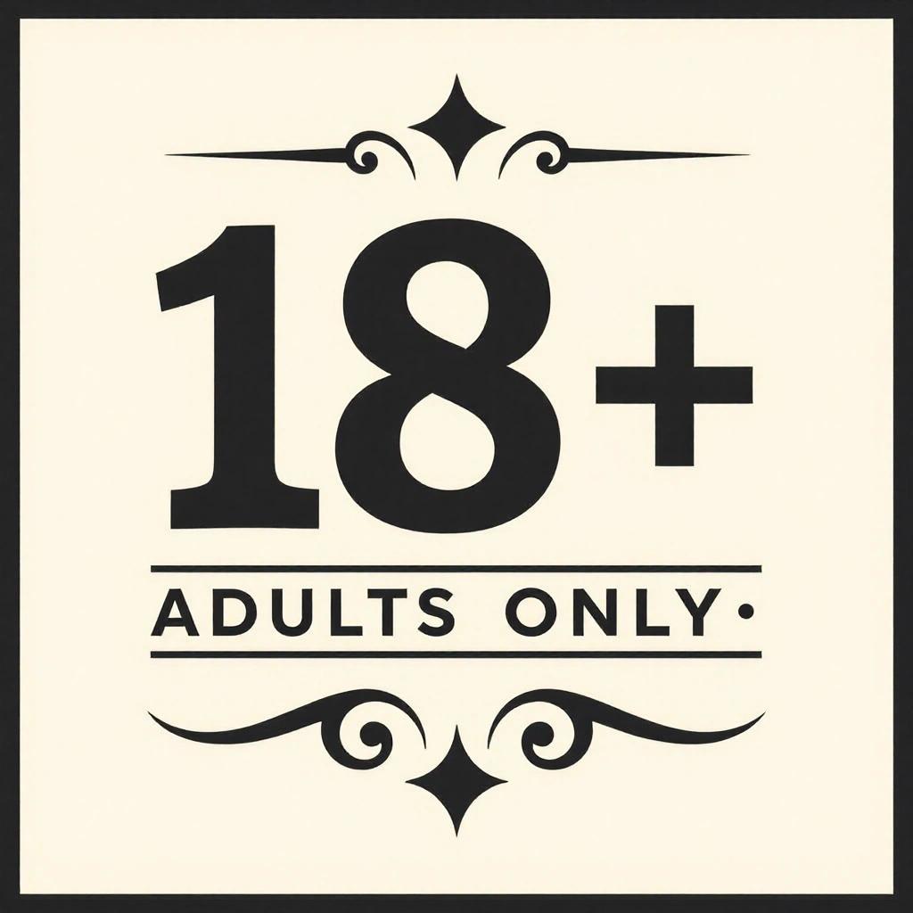 Text displaying '18+' with 'ADULTS ONLY'. Solo Leveling logo text style. Accents include star and diamond shapes. Background is pure white. Thick solid black border. High-contrast black on white.