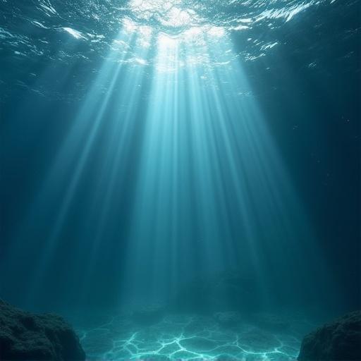 Create a photorealistic image of light rays entering water. View from underwater with light waves seen on the surface.
