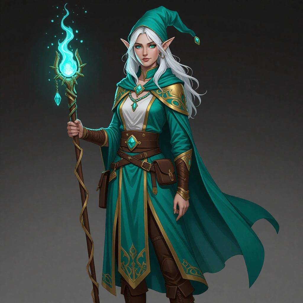 Elf mage in teal outfit holding a glowing staff. Long white hair and pointed ears. Standing against dark background.