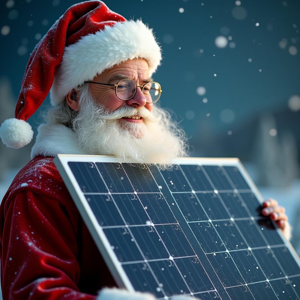 Santa Claus holds a large solar panel. The scene captures festive spirit and promotes renewable energy.