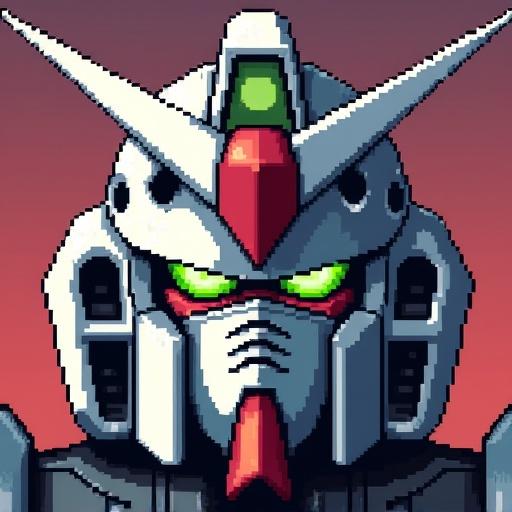 A close-up of a Gundam's head. The art is in pixel style. The Gundam has a distinctive helmet shape. Eyes glow green. Background transitions from red to blue.