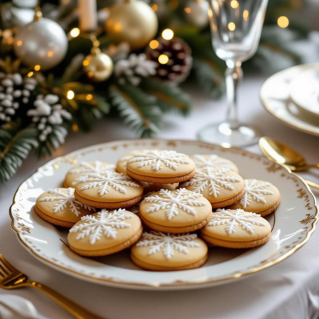 Alfajores cookies on an elegant plate. Festive table setting is visible. Daylight creates a warm atmosphere.