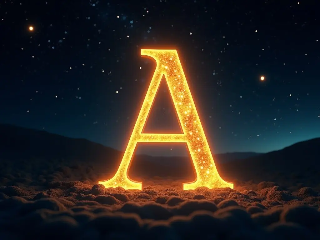 a glowing golden letter 'A' standing on a textured surface, under a starry night sky, with a mystical ambiance