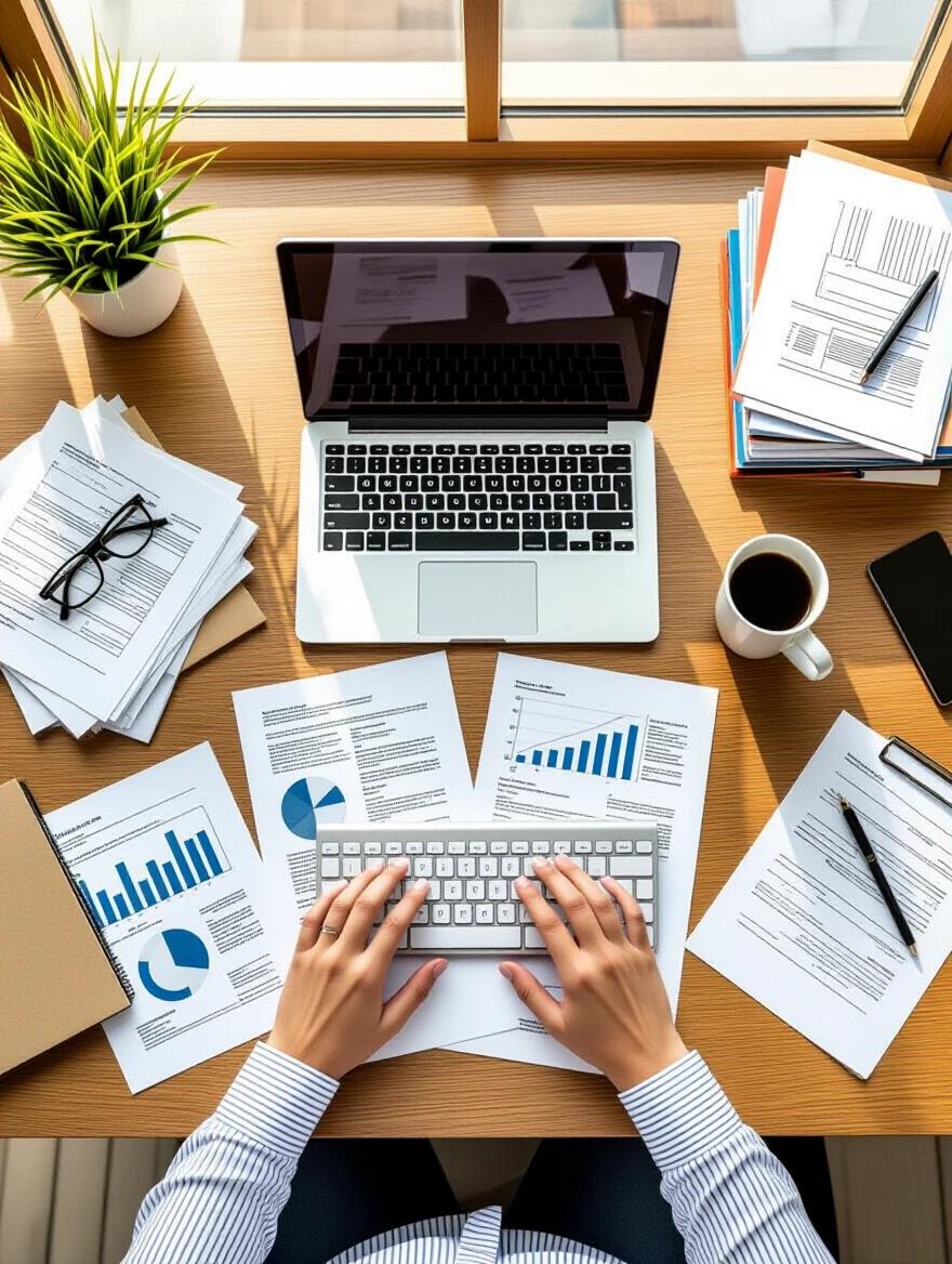 Overhead view of a busy desk with papers and a laptop. Coffee cup next to the papers. Hands are typing on a keyboard. Workspace is cluttered. Natural light coming through the window. Photorealistic detail with warm color tones. Documentary style in a professional setting.