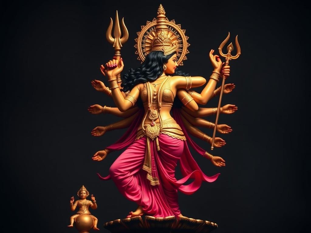 A multi-armed deity statue with intricate detailing, holding tridents against a dark background.