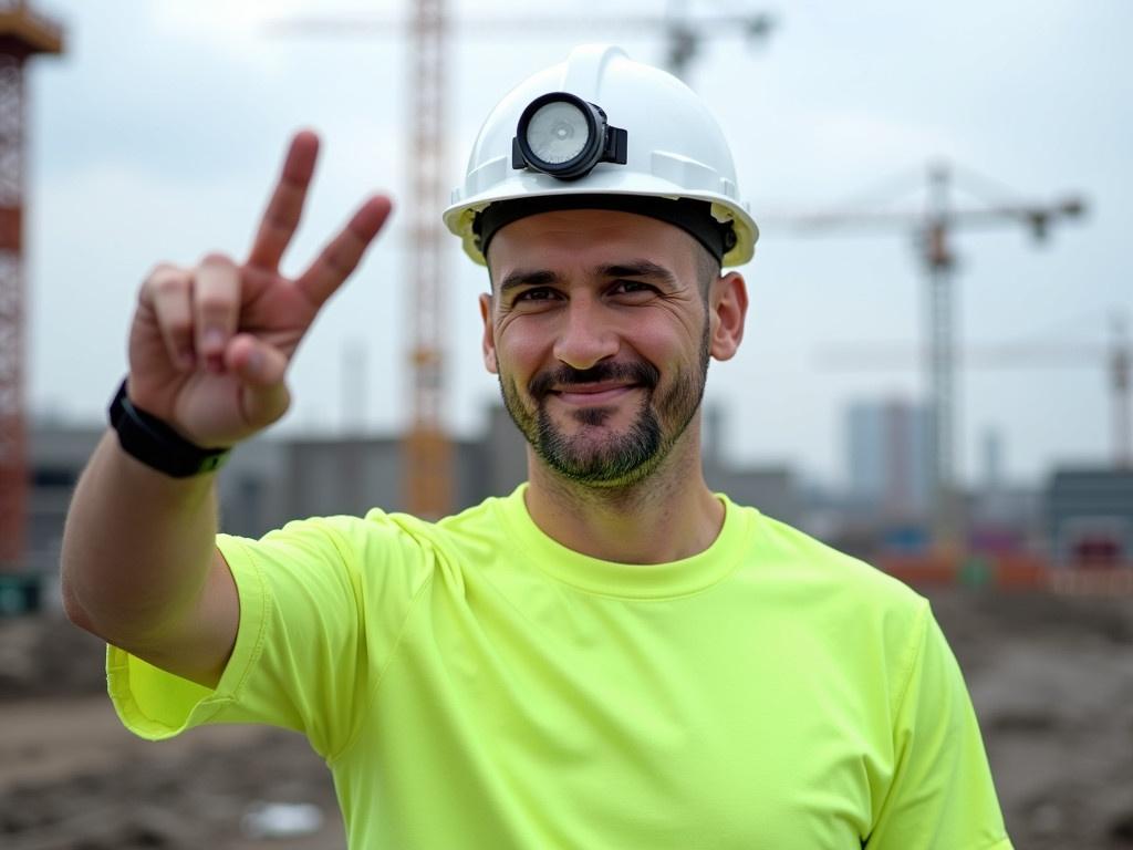 An engineer in a construction site poses confidently with one hand raised. The engineer is wearing a hard hat with a headlamp attached and a bright green work shirt for safety. On the wrist is a rugged watch, suitable for outdoor work conditions. Behind him is a large construction site with industrial structures, showing an active work environment. The clouded sky suggests it's daytime with possible overcast weather.