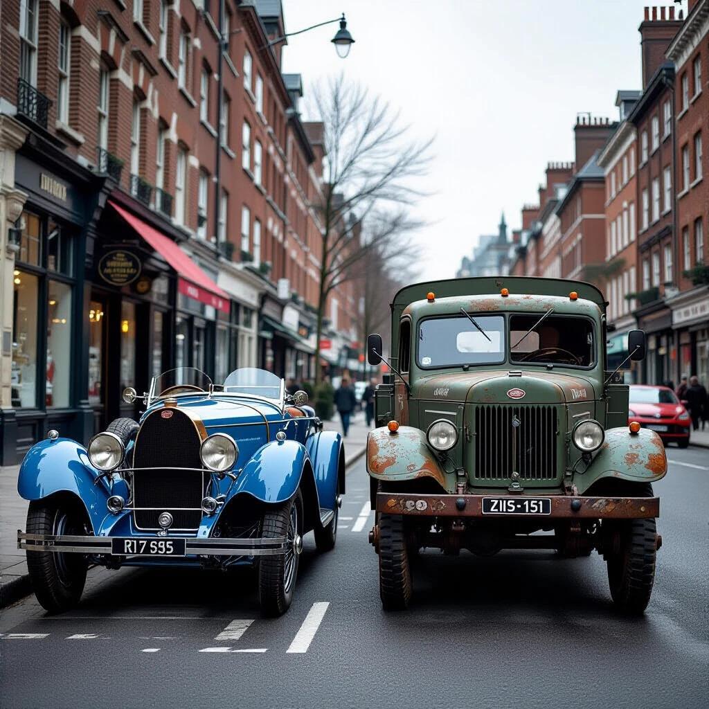 Photorealistic street scene depicting a pristine 1924 Bugatti Type 35 parked on the left side in French Racing Blue. The right side shows a decayed Soviet ZIS-151 military truck. The scene is set in a contemporary Waterloo street with rain-slicked cobblestones. The image captures dramatic contrasts in size and condition, enhancing the narrative between the two cars. The shot includes a low angle emphasizing the truck's height while showcasing details of both vehicles.