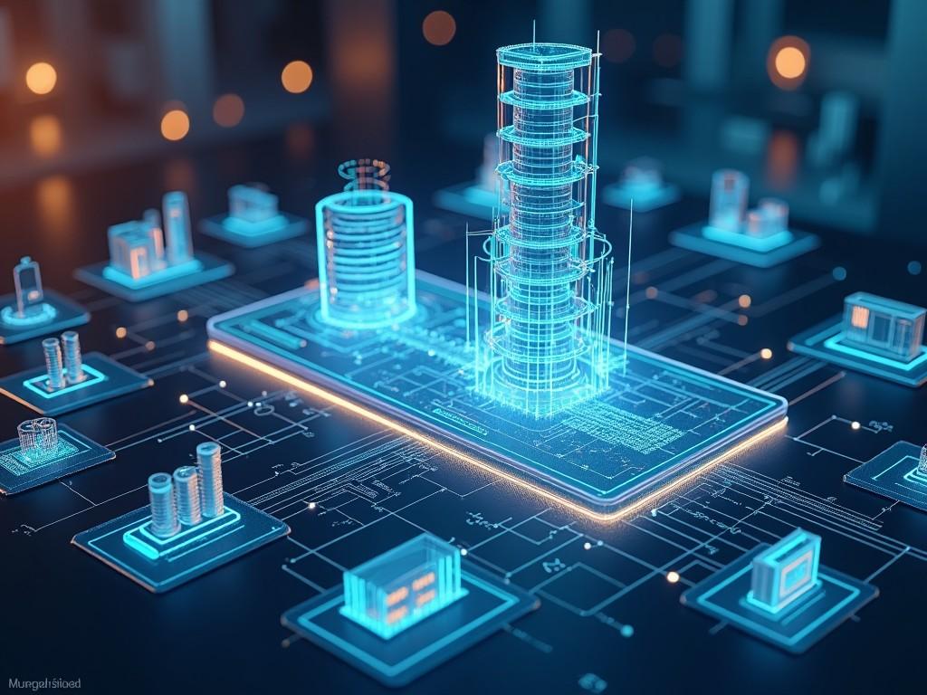 This image showcases a digital representation of a data center. The scene is filled with glowing blue and orange elements, giving it a futuristic feel. The central structure appears to be a skyscraper-like stack resembling servers or storage units. Surrounding the main subject are various other digital objects connected by lines, hinting at a network. This imagery conveys themes of technology, connectivity, and advanced infrastructure.