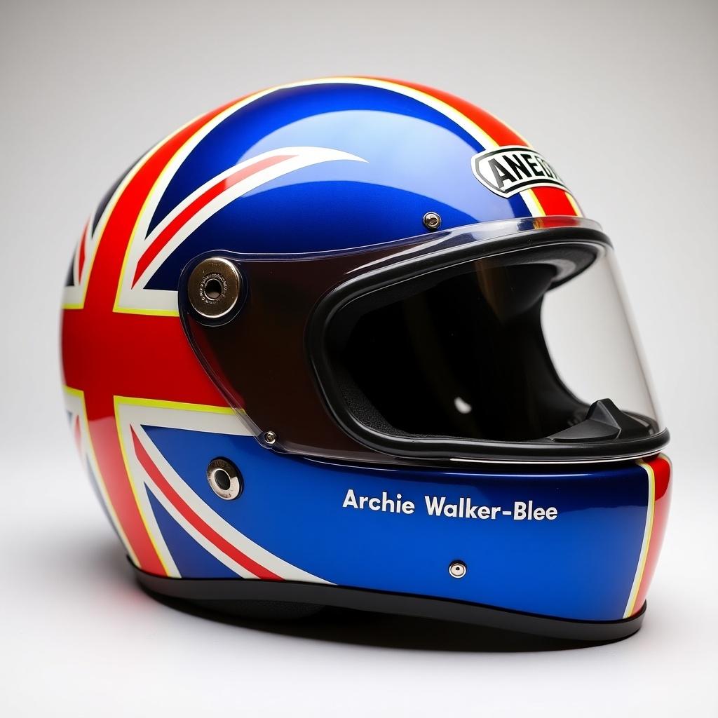 Design a custom racing helmet with a union flag. Use royal blue, red, and fluorescent yellow colors. Include stars and sharp line designs. Feature the name 'Archie Walker-Blee' on the side.