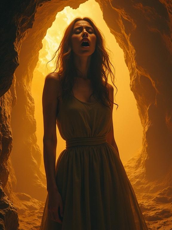 A woman stands in a cave with an expression of disappointment and astonishment. Warm amber and gold colors illuminate the space. Background features swirling patterns creating a surreal atmosphere. High detail and sharpness.