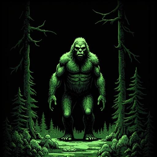 Pixelated halftone style image depicting Bigfoot in a retro computing graphics theme. Limited color palette with blocky dithering effects represents early computer art aesthetics. Monochrome pixel art with greenish tones against a dark background showcasing dither shading to create depth and lighting.