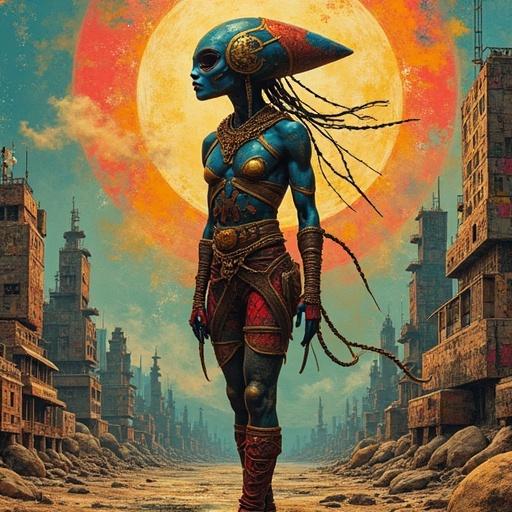 Vibrant mixed media collage of alien pirate. Centered figure with athletic build. Majestic gold accents in Klimt style. Distressed cityscape in the background with graffiti. Retro-futuristic style blends ancient mythology. Inspired by contemporary artists. Features tactile paper textures and neon colors. Includes giant letters: "Dead or alive, wanted for theft and space fuel smuggling."