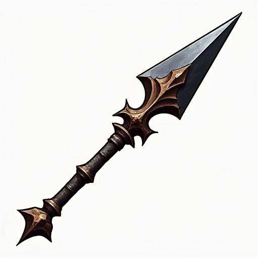 Icon of an ancient battle spear for a card game. Characteristic design inspired by World of Warcraft. Features gray and brown colors. Transparent background. Size 48 by 48 pixels.