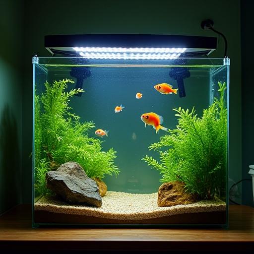 Beautiful aquarium setup features small goldfish swimming around. Bright LED light illuminates the scene. Includes rocks and lush green plants in the tank. Text overlay shows 'Aquários Inteligentes Ribeiro'.