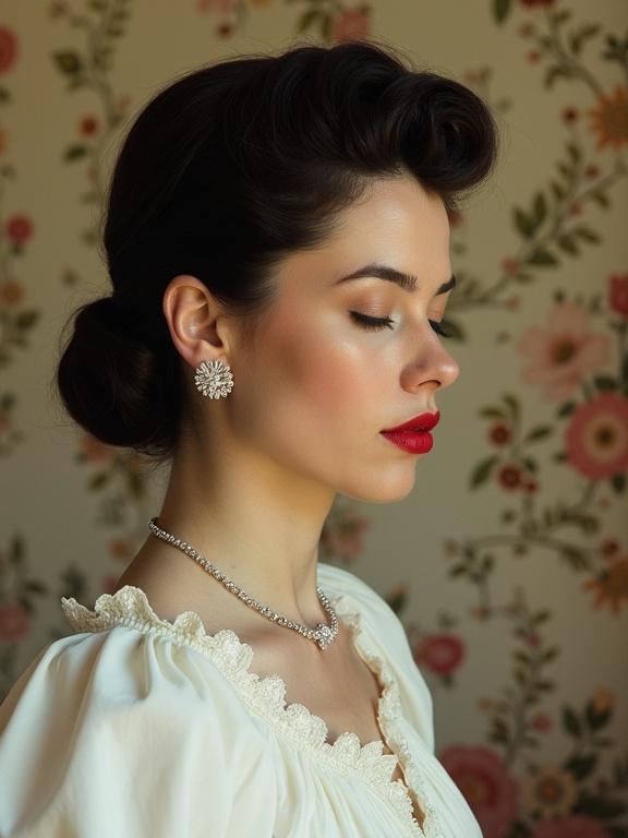 Portrait of a woman with a 1950s classic hairstyle wearing elegant jewelry. The woman has closed eyes and a gentle smile. She has big red lips and a tiny nose. This portrait captures her profile with floral wallpaper in the background and a white puff-sleeved dress.