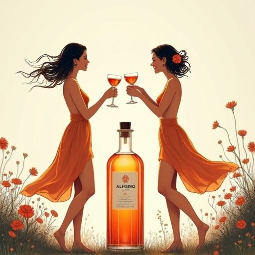 Minimalistic screen printing artwork of two women with cocktail glasses in a modern garden. Women wear silk sun skirts and toast. ALFRUNO bottle in the foreground with a warm glow. Flowers and herbs around them create a luxurious setting.