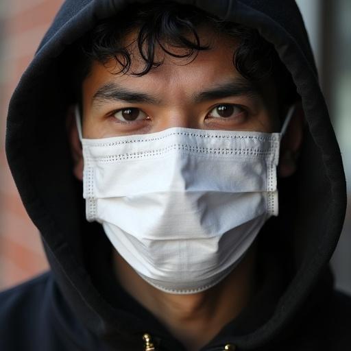 Close-up shot of an individual wearing a white mask. Individual has dark hair and is dressed in black attire. The focus is on the individual's eyes and expression.