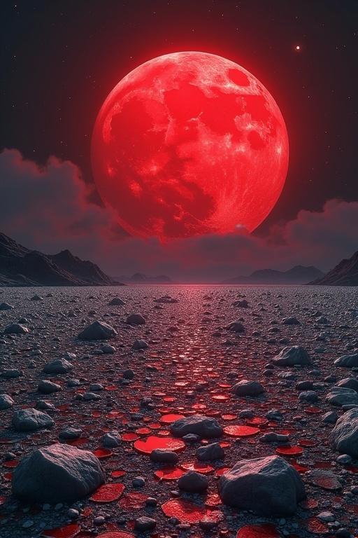 Red moon shines over a desert made of millions of tiny broken glass pieces. The landscape reflects the moonlight. Dark skies with stars. Dramatic atmosphere.