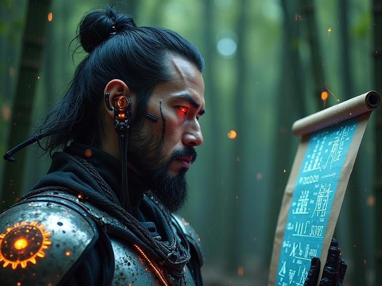 Futuristic samurai warrior in a bamboo forest. Clad in cybernetic exoskeleton. Neon kanji engravings on armor. Intense expression with a deep scar. Gazing at holographic scroll. Digital overlays and floating data streams. Gentle rain creating ambient light.