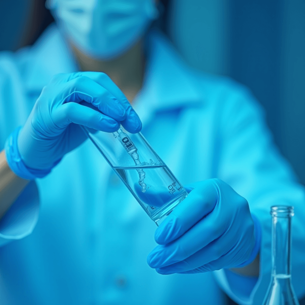 A scientist wearing gloves and a mask is observing a test tube.