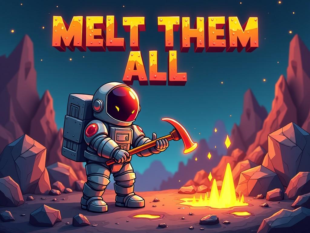 A cartoon astronaut in a space suit holding a futuristic tool, standing on an alien planet with rocky terrain. The text 'Melt Them All' is displayed above in bold, stylized font.