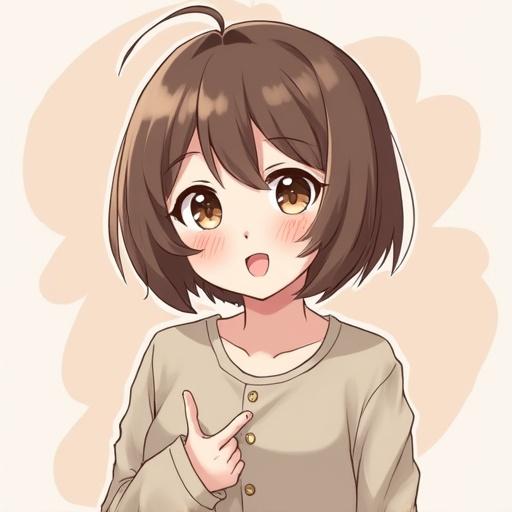 Anime character with brown hair in a bob cut. Character shows a cute expression. Wearing a light top with a cute gesture.