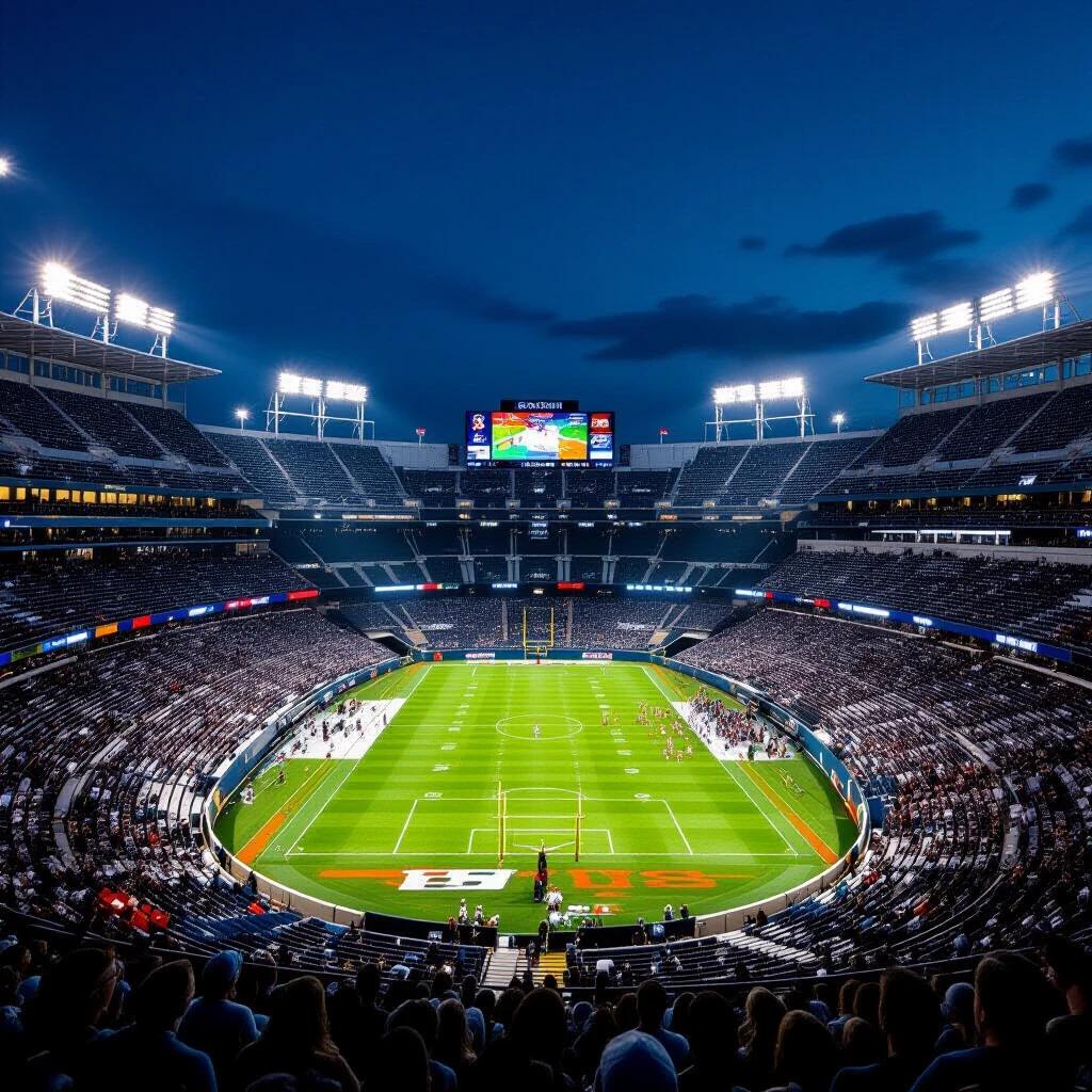 A vibrant stadium filled with energy and lights. The scene captures a football field under bright stadium lights. Fans are seated, and an enormous scoreboard is visible showcasing the event. The sky is a deep blue shade indicating evening time. The atmosphere is electric with anticipation.