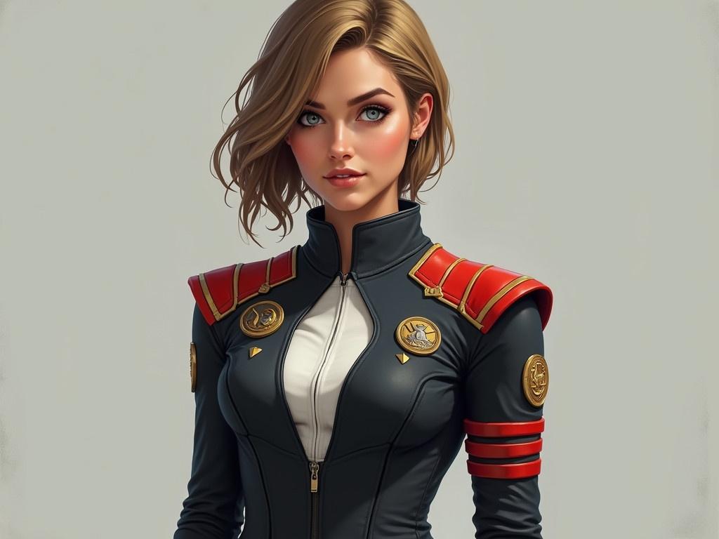 Depict a realistic character who is 30 years old, tall, and athletic. She has sandy brown hair, darker eyebrows, and blue-green eyes. She is wearing a sci-fi military uniform made from a tough synthetic fabric that is mostly black, accented with red stripes that separate her padded shoulder tops from the chest and back. The uniform includes a jacket over a white knit shirt with a flat collar and fitted pants. The jacket has circular patches on both shoulders; the right patch depicts a white sword on a gold shield, and the left features a three-headed gray wolf on a gold shield, both adorned with broken gold crescents. Additionally, there are four gold diamonds on her right breast indicating her rank as Captain and a gold shield-shaped comm-badge on her left breast with a white sword design.