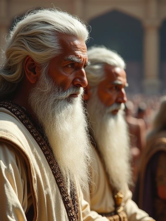 Two elder warriors from ancient India stand in a royal exhibition arena. They observe a dramatic situation unfolding. Bhishma has long white hair and wears white royal garments. Dronacharya is in warrior's robe with a focused expression. Their calm yet serious faces show inner conflict and wisdom as they watch the scene. Ambient sunlight softly illuminates them against a blurred crowd in the background.