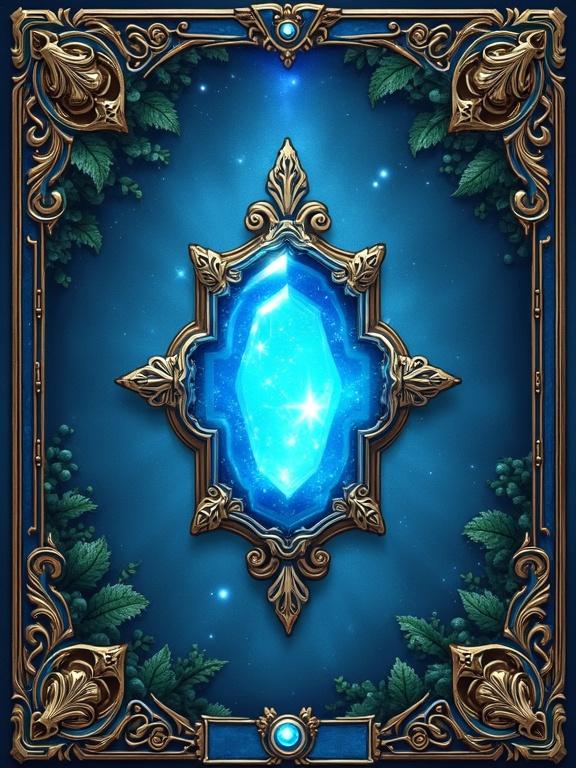 A fantasy card back for a card game. Whimsical beautiful design. Detailed illustration with a glowing blue gem in the middle. No text present.