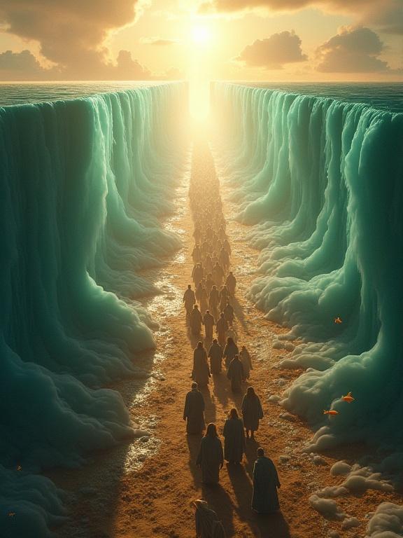 A legendary aerial view of Israelites parting the Red Sea with a multitude of people walking in formation across the dry seabed. Golden light beams illuminate the scene, with water streams shaped like ocean waves on either side. Figures in flowing robes, families, and animals move purposefully along a muddy path dotted with puddles. Breathtaking clarity and divine grandeur capture the crowd's motion against transparent water with fish. Epic fantasy concept art in hyper-realistic detail with cinematic lighting and atmosphere.