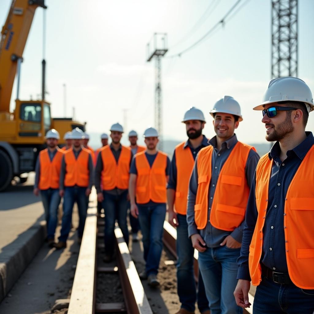 A team of twenty-five construction engineers is present. The engineers wear safety vests and helmets. They work on a bridge project. Bright sunlight bathes the scene. Heavy construction equipment is in the background.