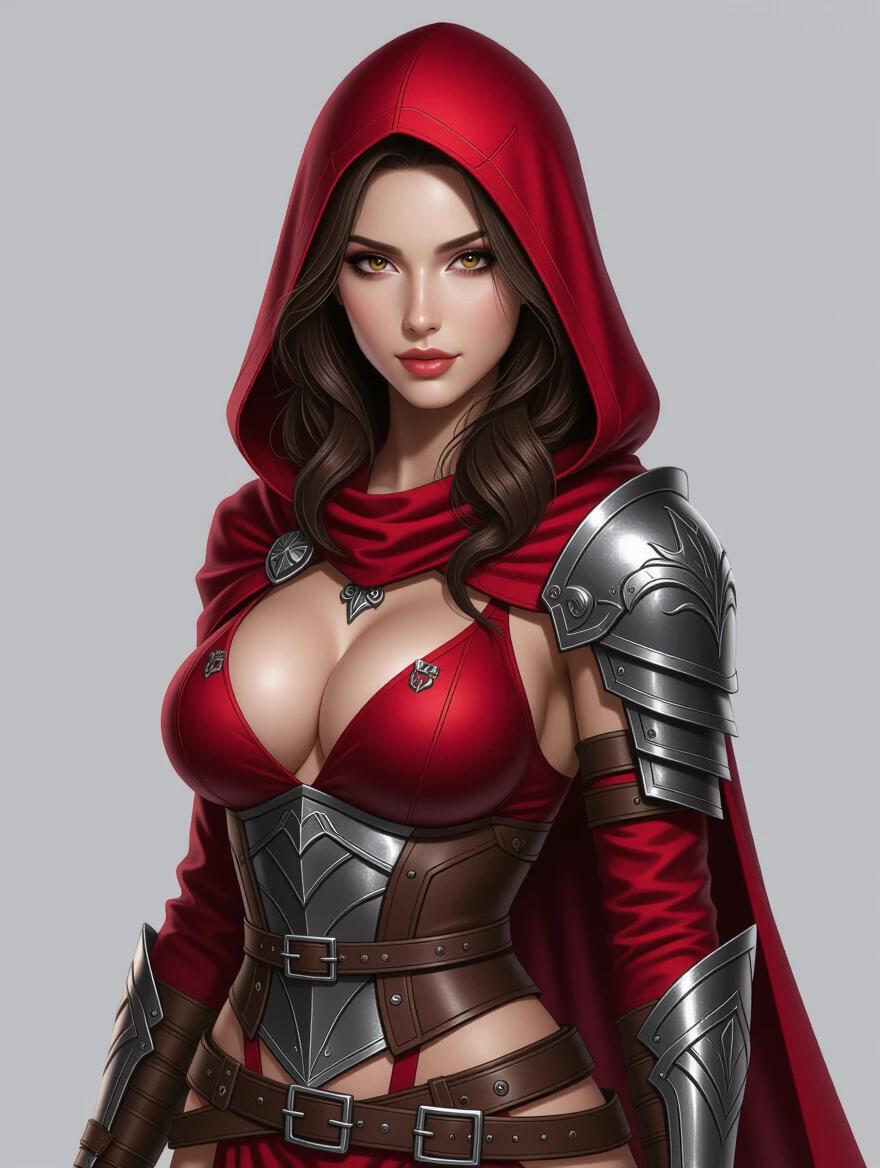 Character design of a sexy female warrior. Her hood is deep red with intricate armor detailing. Wavy hair frames her face, showcasing realistic textures. She gazes confidently at the camera, emphasizing her alluring body shape.