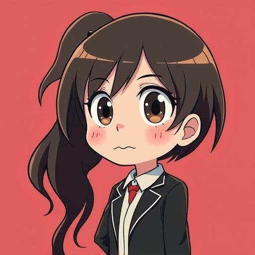 Charming anime character with long brown hair and brown eyes. Wearing a black suit with a white shirt and red tie. The background is peach. Character showing a thoughtful expression. Art style similar to chibi or anime.