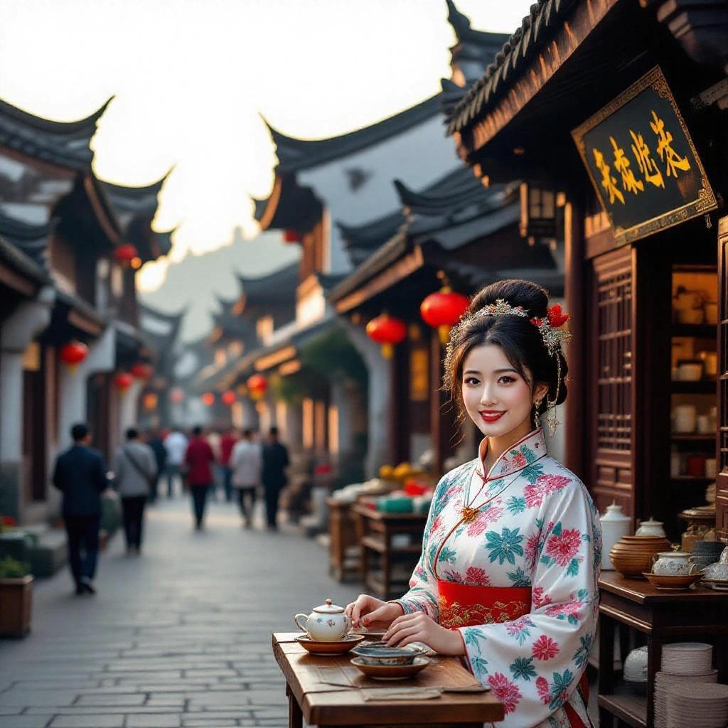 A beautiful woman in traditional Chinese dress smiles at the camera. She stands in her tea and food shop. The street shows ancient Chinese buildings with dark roofs and aged walls. It's sunrise, with soft light illuminating the scene. Many people are in traditional attire walking around.