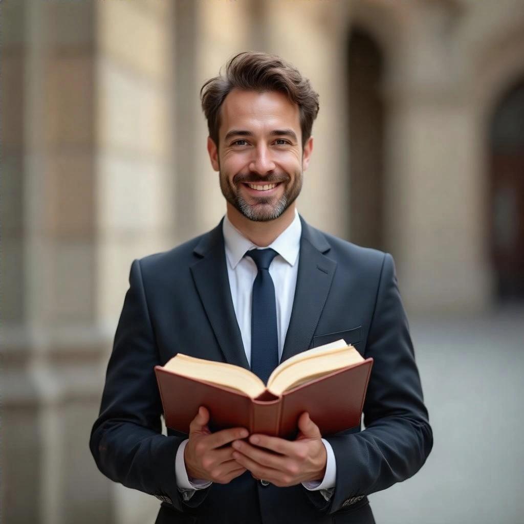 A man in a suit holds an open book and smiles at the camera.