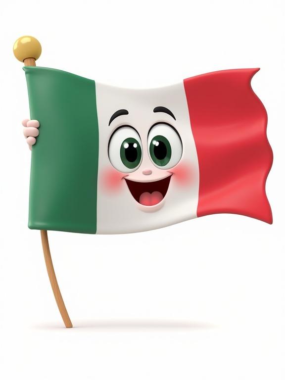 Cute animated flag character of Mexico. Flag has big cartoon eyes and a friendly smile. Flag is waving hello in a joyful pose. Bright 3D style over white background for children animation.