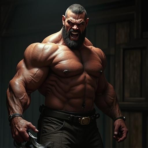 Image depicts a muscular man with a fierce expression. He holds a claw-like weapon. The setting is dark and indoor. The style is realistic and detailed. The camera captures a close-up shot that highlights his physique.