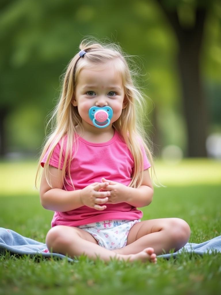 8-year-old girl in a park wearing pink shirt and diapers, holding a pacifier, looking at the camera. Green environment in the background.