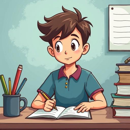 Cartoon image of a university student sitting at a desk. Student is engaged in writing in a notebook. Colorful stationery is visible. Background includes a corkboard or wall with notes.