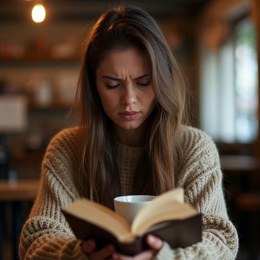 A woman with long hair is sitting in a cozy cafe. She wears an ugly sweater and holds a coffee cup. She reads a book. Her facial expression shows stress and anger. The setting has a warm atmosphere.
