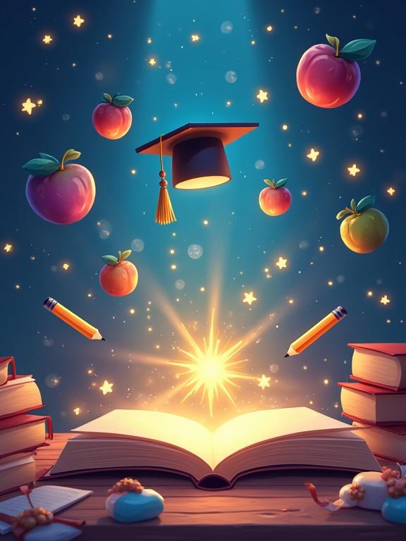 Magical cartoon scene created using bright colors and whimsical shapes. Features levitating books, glowing apples, enchanted pencils, a flying graduation cap, and sparkling stars in a dreamy lighting. Style is fantasy cartoon.