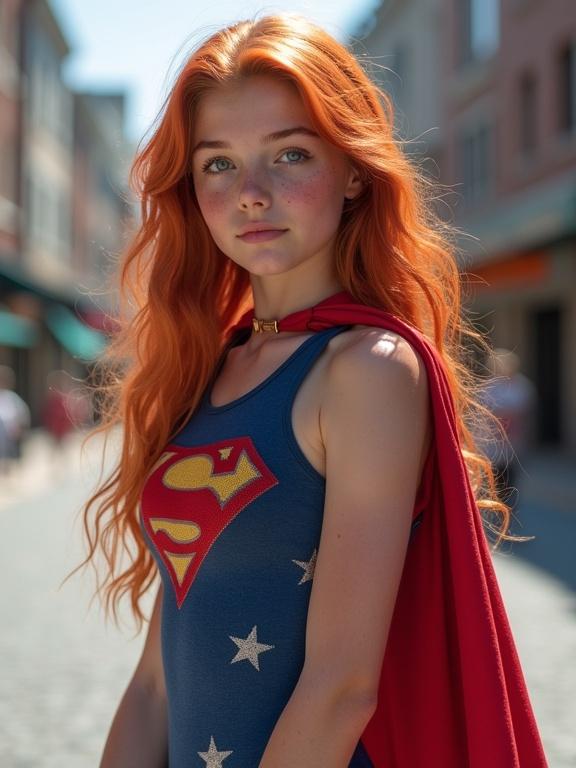 Photorealistic image of a teenage girl with red hair wearing a USA themed leotard and a cape in a modern city. The background shows a vibrant urban scene. The girl has pale skin, freckles, and deep blue eyes. She poses cutely with a confident expression.