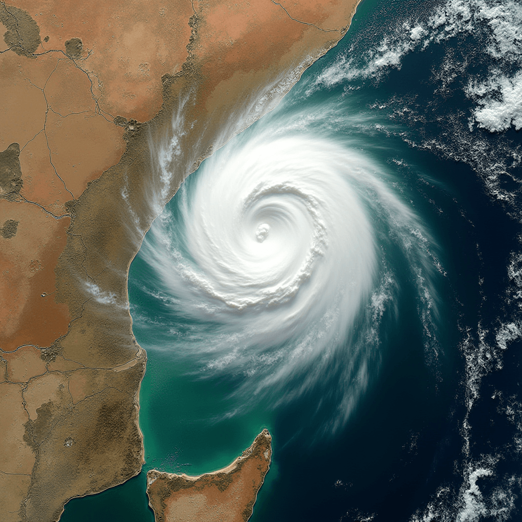 A satellite image captures a powerful cyclone spiraling over an ocean near a landmass.