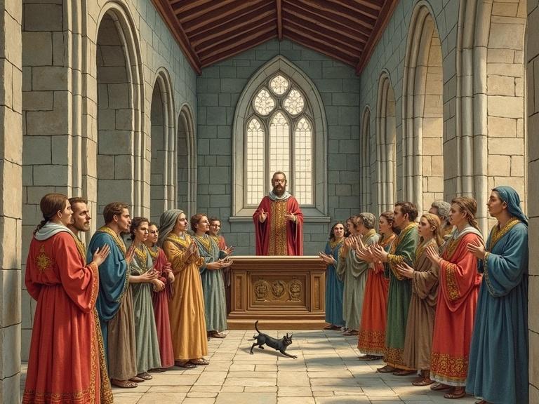 Interior setting of a stone church depicting a Sunday mass. Priest in embroidered robes stands at the pulpit. Townsfolk look toward windows with expressions of fear. A cat runs under a cart. Artwork represents late-15th-century style. Features tempera and shell-gold on vellum with medieval flat perspective.