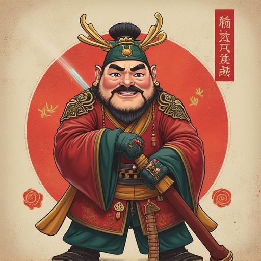 A cartoon-style illustration of a Chinese warrior from folklore. The character is wearing traditional attire with vibrant colors. He holds a sword and has a confident expression. Background features cultural motifs.
