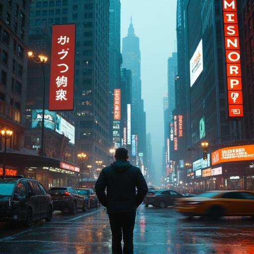 Point of view of a man standing on a street in a futuristic New York City filled with neon signs and skyscrapers.