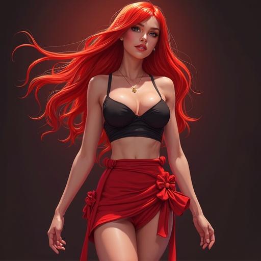 A fashionable woman is wearing a black bra and a red skirt. She has long red hair. The setting resembles a stylish party vibe.