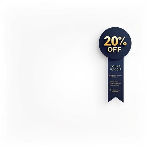 Minimalist promotional graphic with a navy blue and gold ribbon badge. Top-right corner design with clean typography. Main line displays 20% OFF prominently. Subtext includes Your First Order and Limited Time Only. Modern, minimalistic aesthetics enhance clarity. Central layout displays Barbish Agency's services in a circular design. Background is white to aid visibility.