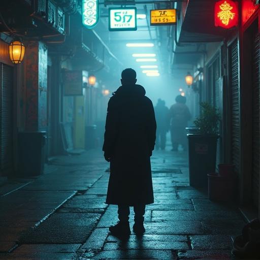 Create a scene with a cyberpunk theme. Person stands confidently looking ahead. The atmosphere is dark and moody with neon lights.